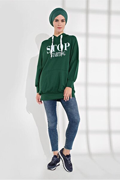 TRENDTESETTÜR Women's Green Text Printed Pocketed Tracksuit Tunic 6102