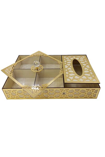 şamaksesuar Special Wooden Turkish Delight - Chocolate - Candy - Nuts 4 Section Napkin Box ( Beige & Gold )