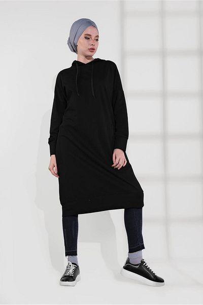 TRENDTESETTÜR Black Cotton Long Women's Tunic - 9822