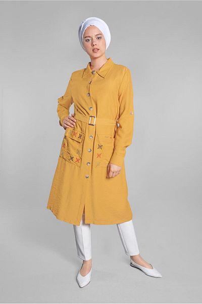 TRENDTESETTÜR Women's Orange (MUSTARD) Pockets Embroidery Detailed Buttoned Front Tunic 3234