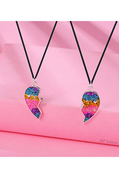 BearPear 2'li Mıknatıslı Kolye Simli Kalp 2'li Arkadaşlık Dostluk Kolyesi
