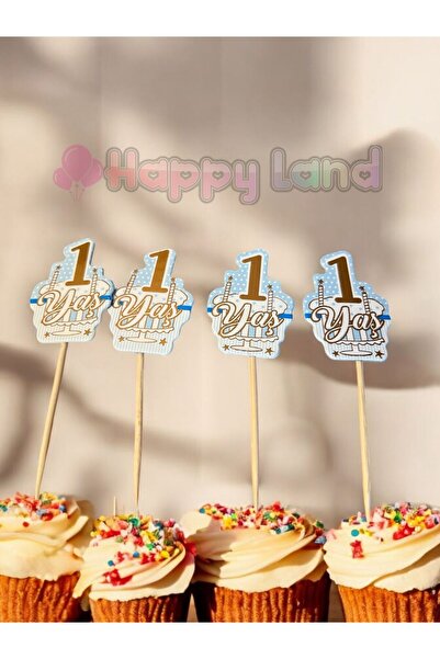 Happyland 1 Yaş Doğum Günü Partisi 1 Yaş Lüks Varaklı Kürdan  10 Adet Mavi Go...