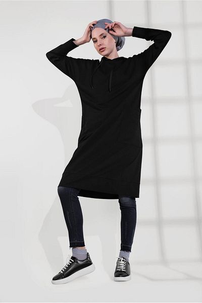 TRENDTESETTÜR Black Cotton Long Women's Tunic - 9822