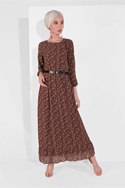 TRENDTESETTÜR Women's Burgundy Cuffs Elastic Flower Patterned Dress 2054