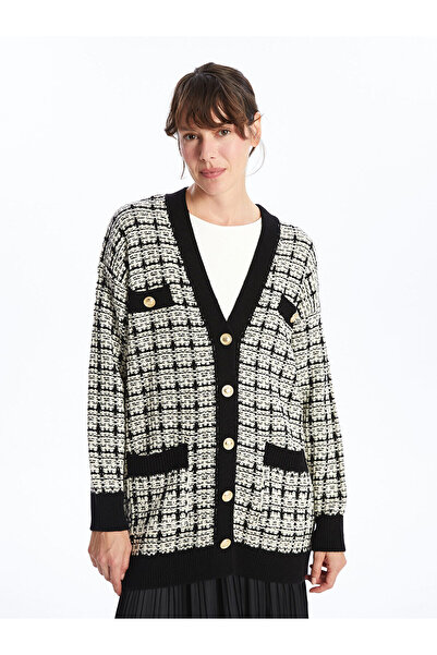 LC Waikiki Black V-Neck Plaid Women's Knitwear Cardigan