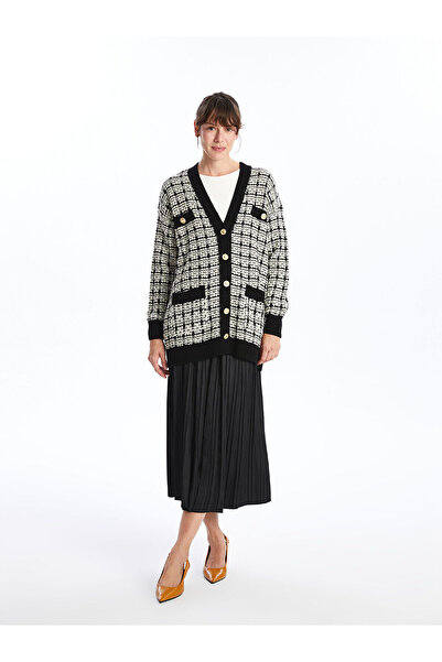 LC Waikiki Black V-Neck Plaid Women's Knitwear Cardigan