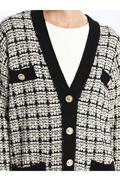 LC Waikiki Black V-Neck Plaid Women's Knitwear Cardigan