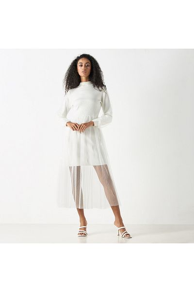 2Xtremz Mesh Textured Midi Dress with Long Sleeves and High Neck