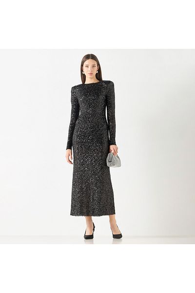 Iconic Sequin Embellished Maxi Dress with Round Neck and Long Sleeves