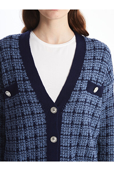 LC Waikiki Blue V-Neck Plaid Women's Knitwear Cardigan