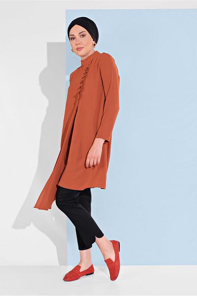 TRENDTESETTÜR Women's Brown (Tile) Judge Collar Asymmetrical Cut Tunic 3065