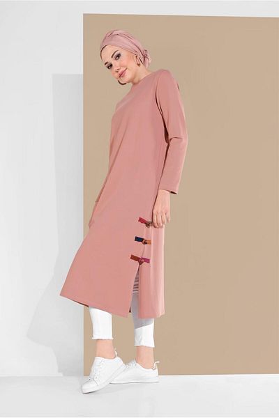 TRENDTESETTÜR Women's Pink (A.ROSE) Side Parts Piping Detailed Tunic 95805