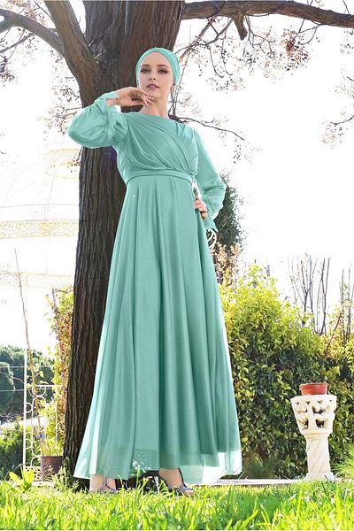 TRENDTESETTÜR Γυναικείο βραδινό φόρεμα με πράσινο (MINT) μανίκια με βολάν ασημί τούλι 1710