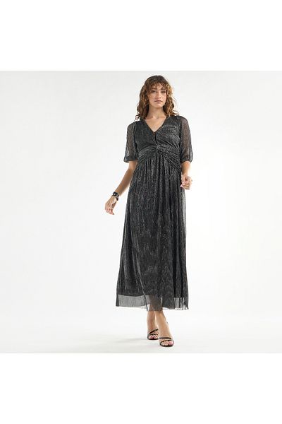 FAV Textured V-neck Dress with 3/4 Sleeves and Knot Detail