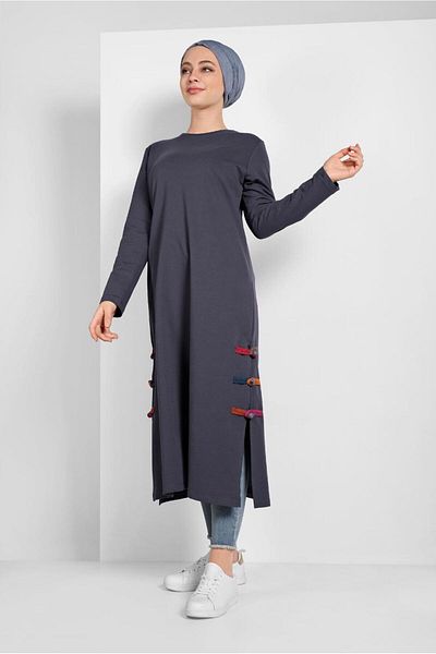 TRENDTESETTÜR Women's Gray (SMOKED) Side Parts Piping Detailed Tunic 95805