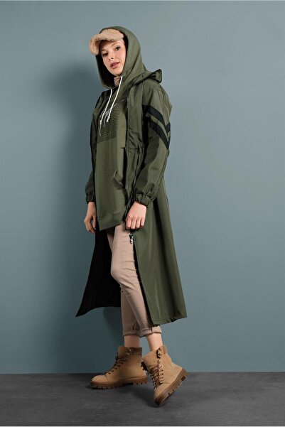 TRENDTESETTÜR Women's Khaki Drawstring Waist Trench Coat 4000