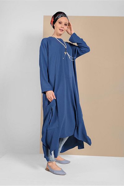 TRENDTESETTÜR Women's Navy Blue (NDIGO) Pocket Detailed Casual Tunic 09225