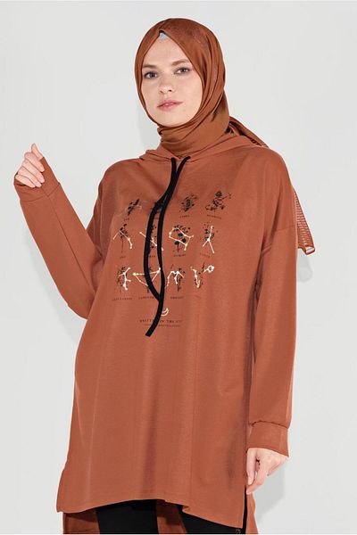 TRENDTESETTÜR Brown Hooded Printed Women's Tunic - 8236