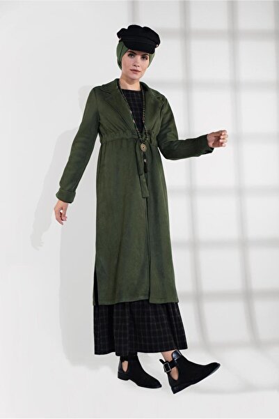 TRENDTESETTÜR Kadın Haki Beli Büzgülü Bağcıklı Süet Trenckot 2758