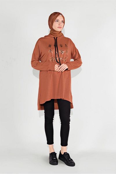 TRENDTESETTÜR Brown Hooded Printed Women's Tunic - 8236