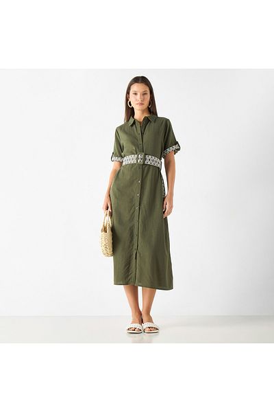 2Xtremz Embroidered Midi Shirt Dress with Collar and Adjustable Belt