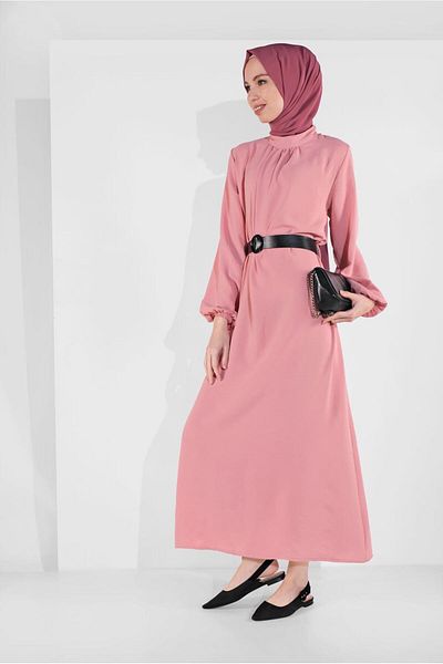 TRENDTESETTÜR Γυναικείο φόρεμα με μανσέτες σε πούδρα και ελαστική ζώνη 6951