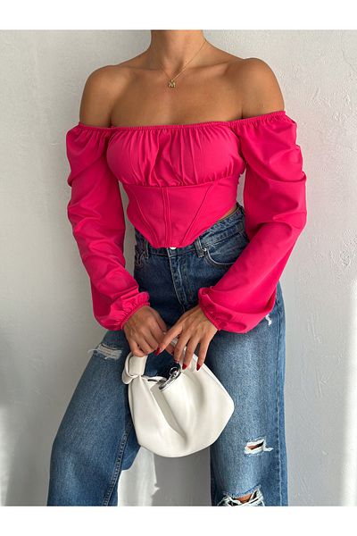 QUTTA Φούξια Madonna Collar Bodice Piping Diver Fabric Crop Μπλούζα - Μακρυμάνικο
