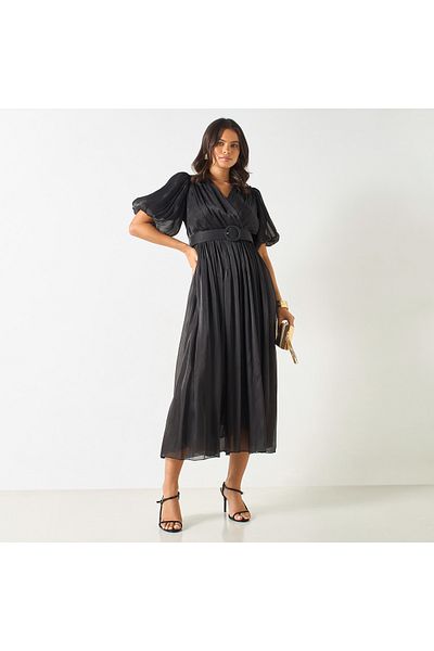 2Xtremz Textured V-Neck Midi Dress with Puff Sleeves