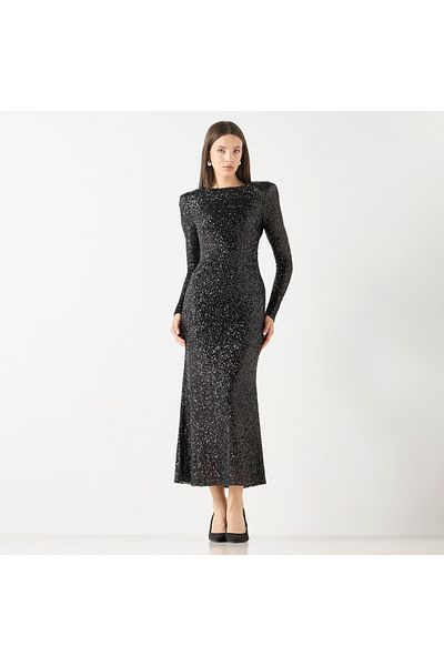 Iconic Sequin Embellished Maxi Dress with Round Neck and Long Sleeves