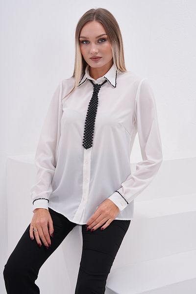 Loom Boutique Women's Large Size Handmade Pearl Tie Necklace Crepe Shirt G0065
