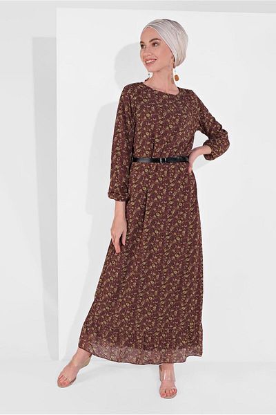 TRENDTESETTÜR Women's Burgundy Cuffs Elastic Flower Patterned Dress 2054