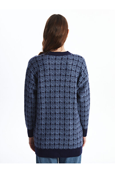 LC Waikiki Blue V-Neck Plaid Women's Knitwear Cardigan