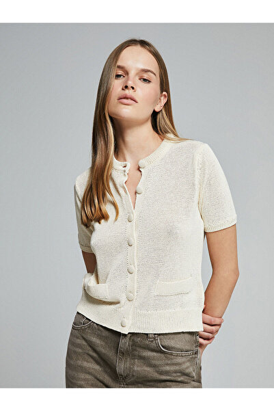 LC Waikiki Ecru Crew Neck Openwork Women's Knitwear Cardigan