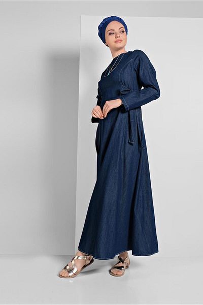 TRENDTESETTÜR Γυναικείο τζιν φόρεμα με μπλε ναυτικό (INDIGO) με κορδόνι στη μέση 9134