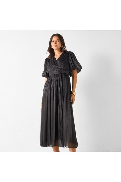 2Xtremz Textured V-Neck Midi Dress with Puff Sleeves
