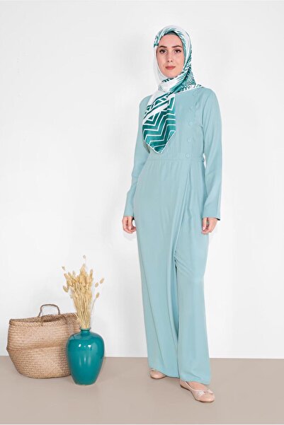 TRENDTESETTÜR Women's Blue (AQUA) Side Button Detailed Jumpsuit 18108