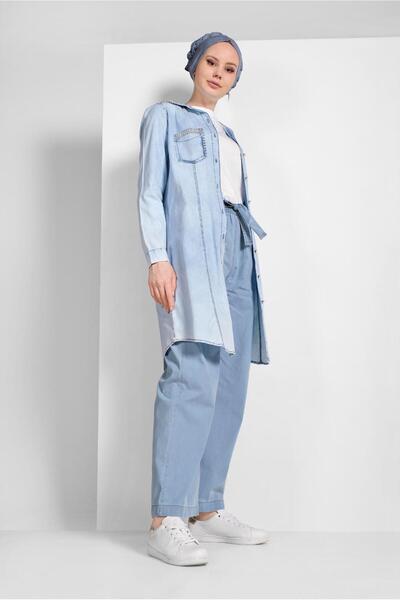 TRENDTESETTÜR Γυναικείο Μπλε (A.ΜΠΛΕ) Ασημί Τσέπη Λεπτομερές Τουνίκ 8011