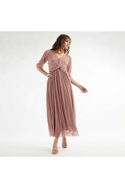 FAV Textured V-neck Dress with 3/4 Sleeves and Knot Detail