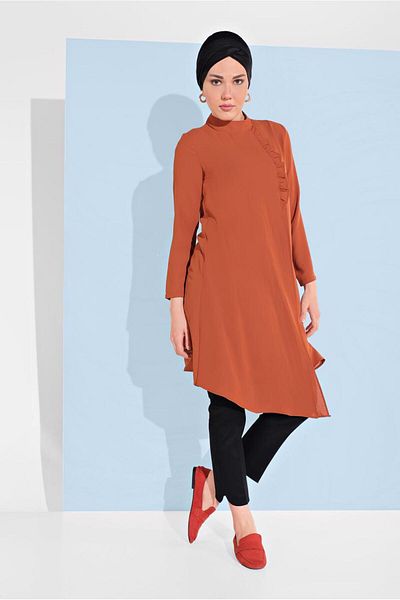 TRENDTESETTÜR Women's Brown (Tile) Judge Collar Asymmetrical Cut Tunic 3065