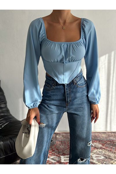 QUTTA Baby Blue Crop μπλούζα με μανίκι και σωλήνες από ύφασμα κατάδυσης