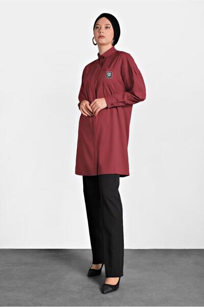 TRENDTESETTÜR KADIN BORDO CEPTE BASKI DETAYLI GİZLİ DÜĞMELİ TUNİK 40277