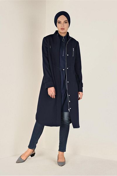 TRENDTESETTÜR Women's Navy Blue Front Zipper Detailed Men's Collar Suede Tunic 4698