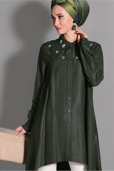 TRENDTESETTÜR Khaki Silvery Wide Cut Women's Tunic 4782