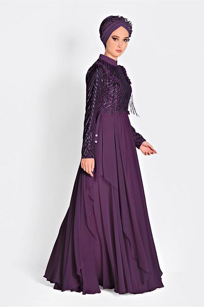 TRENDTESETTÜR Women's Purple Bead Embroidered Chiffon Evening Dress 5494