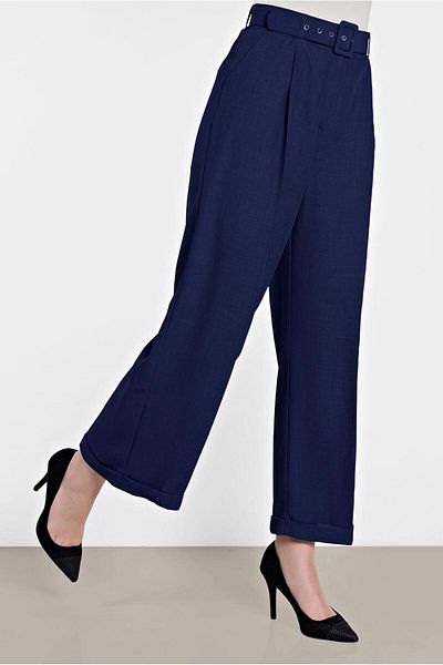 TRENDTESETTÜR Women's Navy Blue Wide Leg Trousers 7581