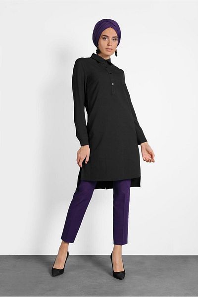 TRENDTESETTÜR Women's Black Shirt Collar Buttoned Tunic 40183