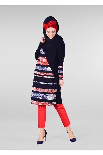 TRENDTESETTÜR Γυναικείο Μπλε Navy (INDIGO) Χρώμα Floral ριγέ τουνίκ 4110