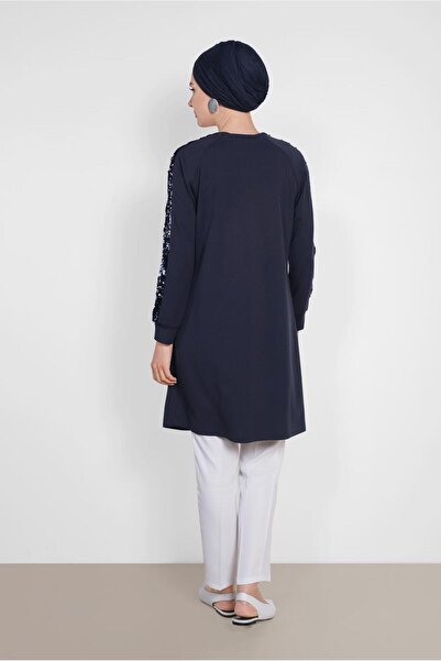 TRENDTESETTÜR Navy Blue Sequined Sleeves Women's Tunic 4159