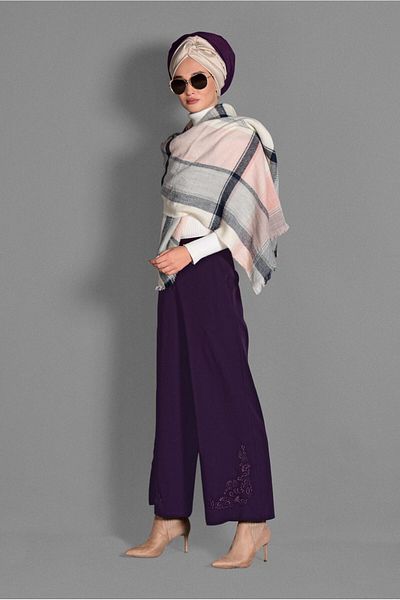 TRENDTESETTÜR Women's Purple Wide Leg Embroidery Detailed Trousers 7244