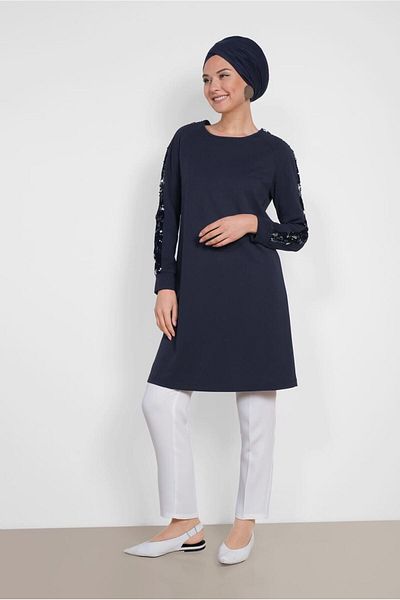 TRENDTESETTÜR Navy Blue Sequined Sleeves Women's Tunic 4159